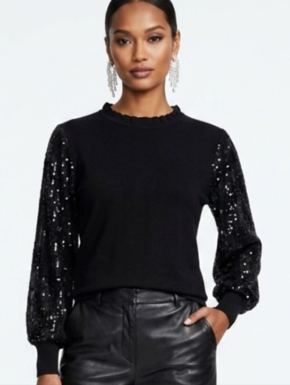 Adrianna Papell Black Sequin Sleeve Sweater Women’s